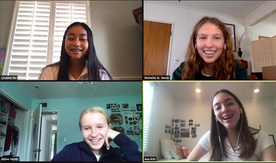 Clockwise from top-left: Lindsey Du ‘24, the author Michelle St. Denis ‘22, Ava Kitt ‘24 and Abby Hardy ‘24 share smiles as they talk about making friends in the virtual school setting. 