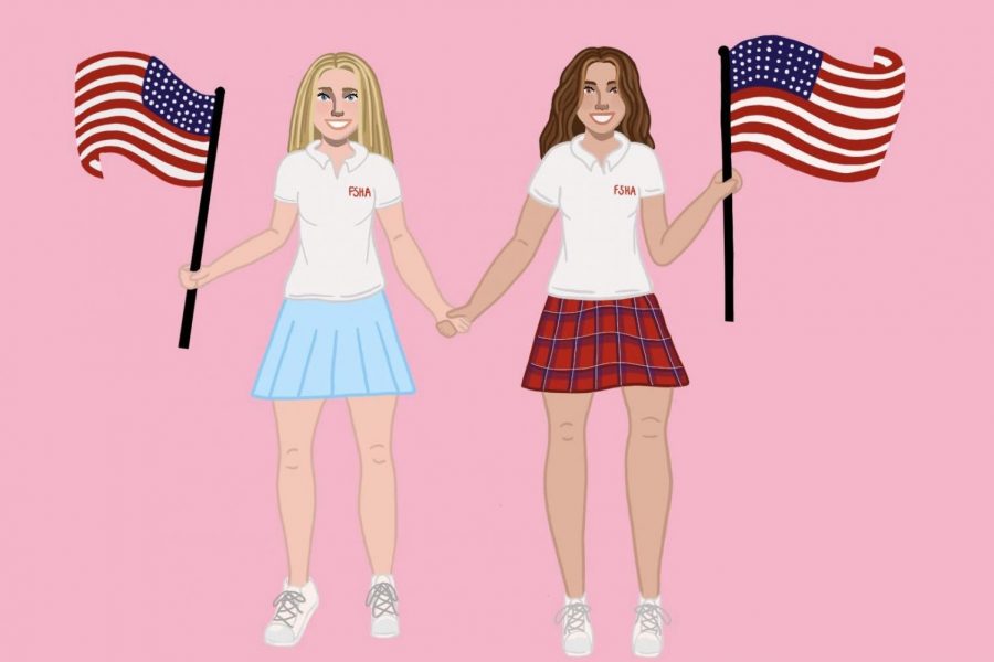 Students of opposing political parties in school uniforms, join together in holding high not only American flags but smiles too. 