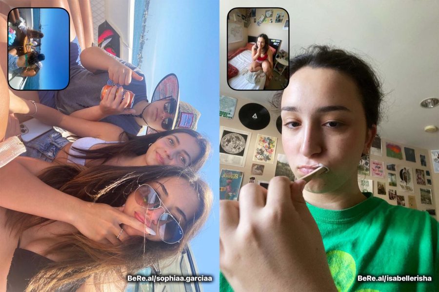 Sophia Garcia ‘24 snaps a picture of herself hanging out with friends on a boat, while Isabelle Risha ‘24 is photographed brushing her teeth after waking up in the morning. Both Tologs love to use the app BeReal to share what they are doing with their friends.
