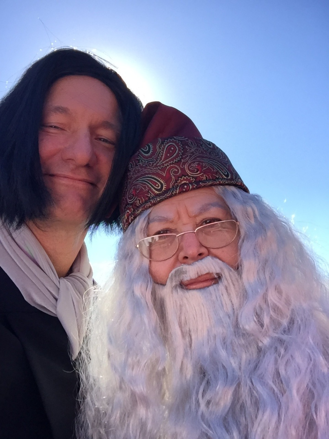 In 2018, for the theme of Harry Potter, Sister Celeste drew stares as Headmaster Dumbledore. Here she is pictured with Mr. Charlie Tercek, English Teacher, who is Professor Snape. 