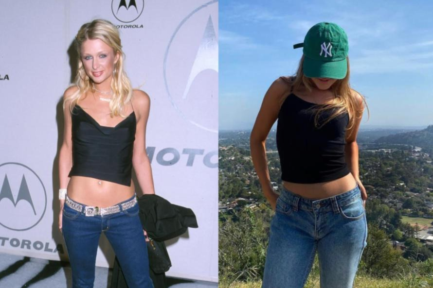 Paris Hilton, 2000 (left), and Julia Orue 24, 2022 (right). Elements of Hiltons style and outfit composition can be seen in Orues outfit today. 