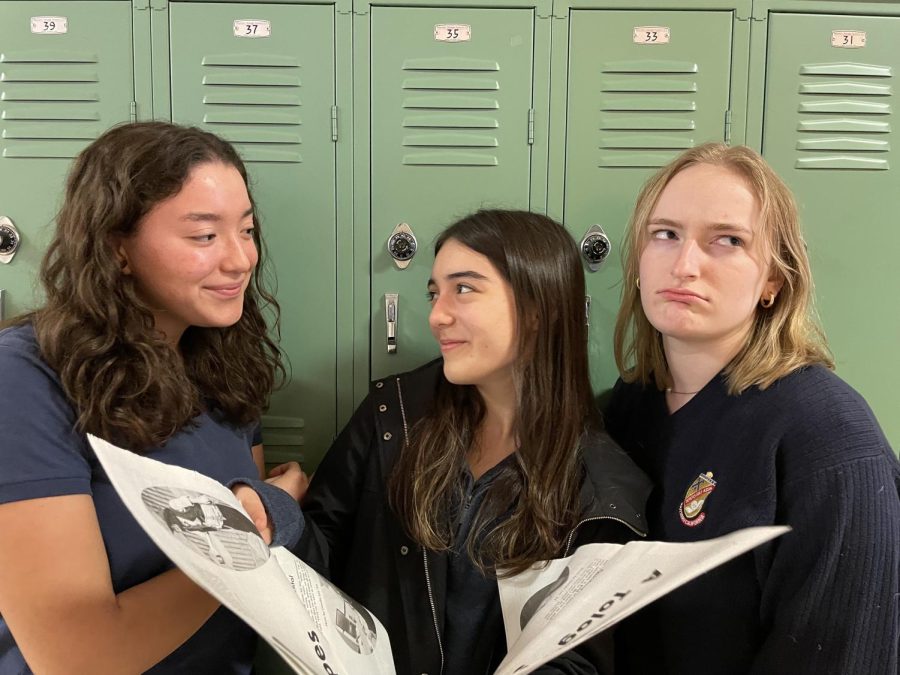 Siena Urquiza ‘23 (left), Sara Green ‘23 (middle), and Julia Krider ‘23 (right) get into the rom-com spirit -- and a tragic news-room love triangle ensues. 