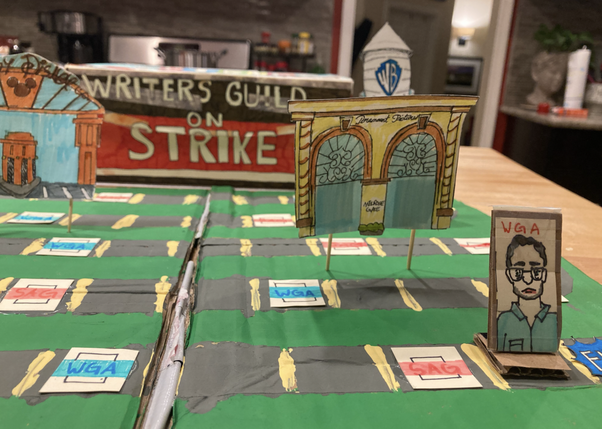 A board game displays the twisting and turning timeline of the WGA and SAG-AFTRA strikes.