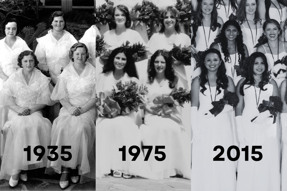 Flintridge Sacred Heart Academy graduation dresses 40 years apart show the gown’s evolution. Photos courtesy of FSHA archives.