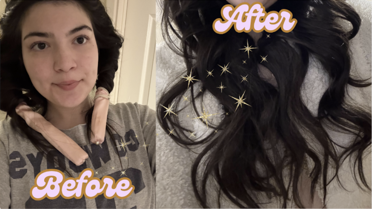 Lia Avagyan ‘26 tries the viral heatless curl trend before bed. Photo by Lia Avagyan ‘26, Illustration by Daniela Munguia ‘26. 
