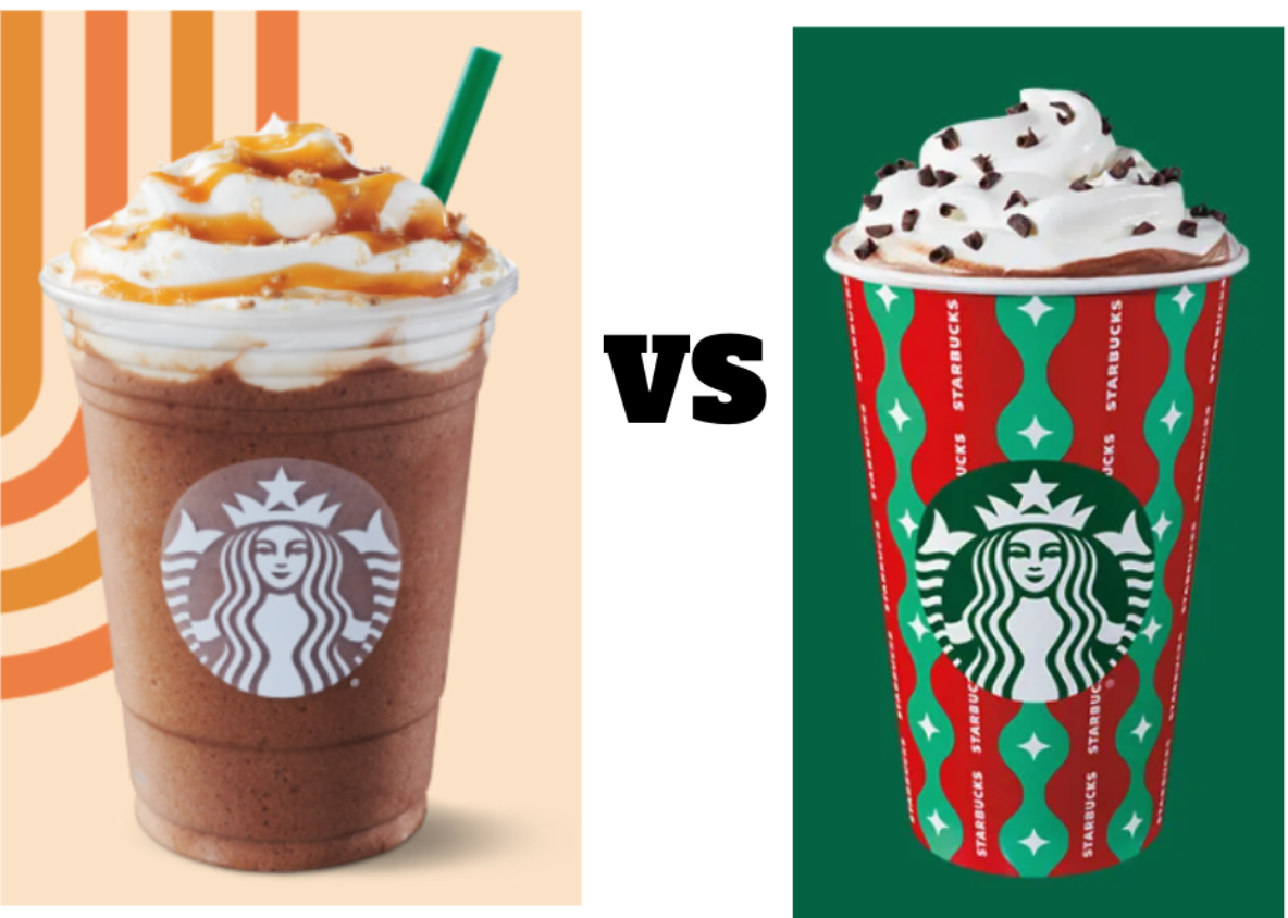 Salted Caramel Mocha Frappuccino (left) and Peppermint Mocha Latte (right). Photos from Starbucks Menu, editing by Isabella Kim '27.  

