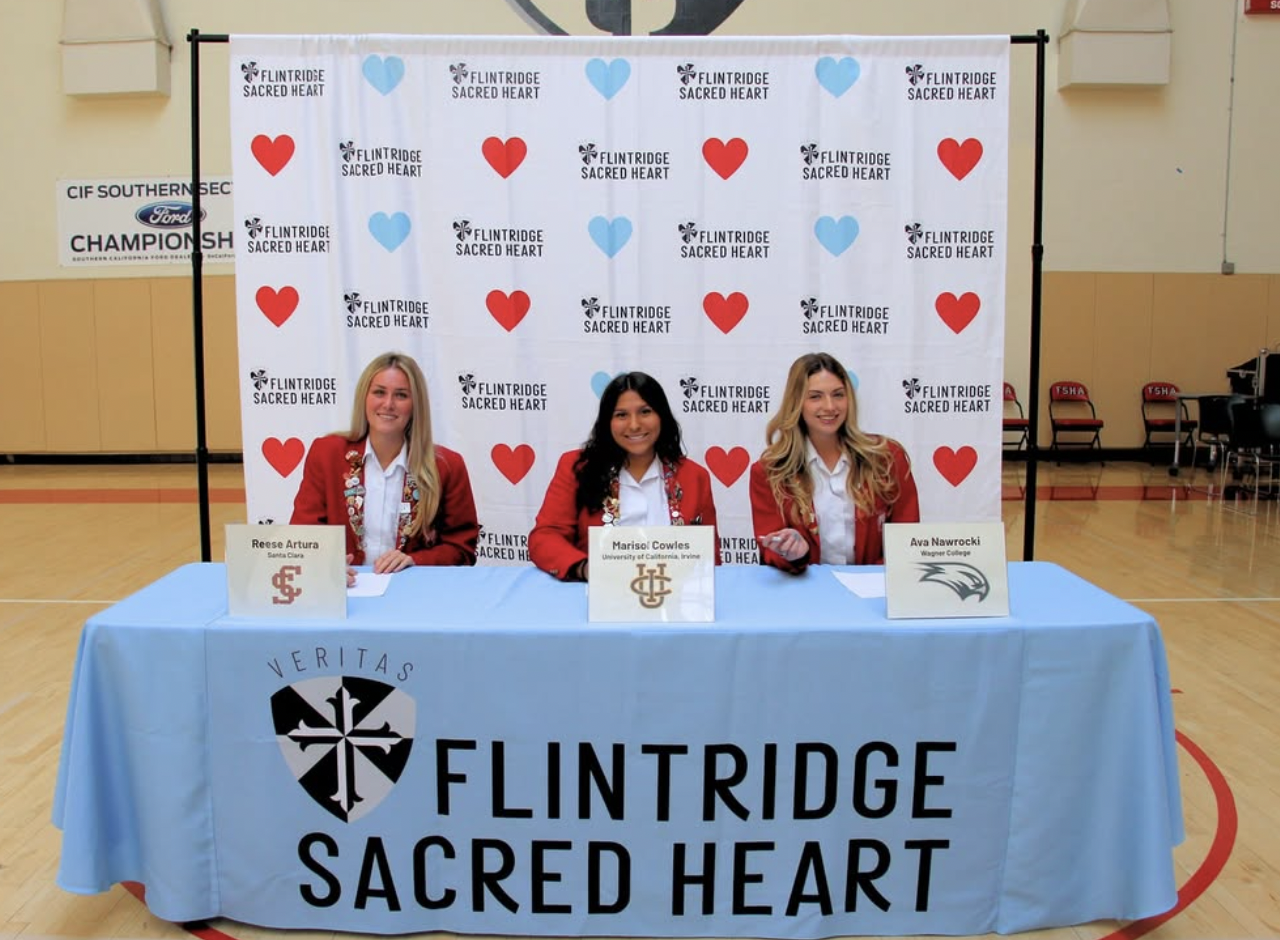 From left to right: Reese Artura '25, Marisol Cowles '25, and Ava Nawrocki '25 seen at FSHA's Signing Day. Photo credit to Flintridge Sacred Heart's Media team. 