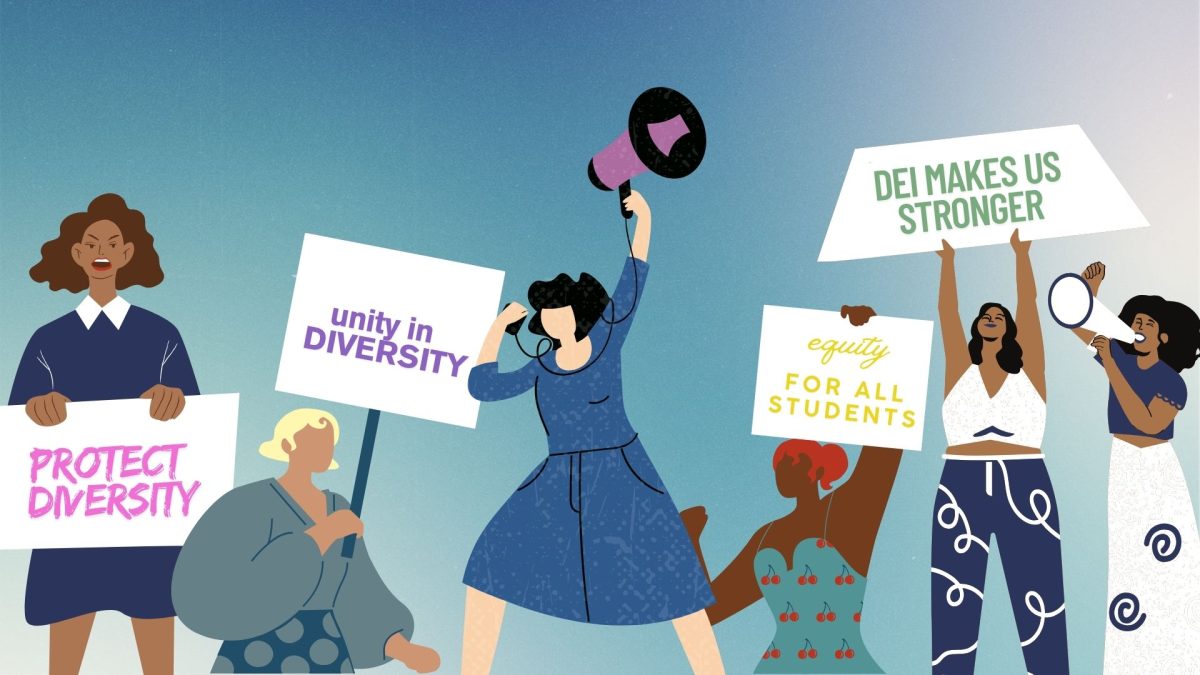 Taking a stand. Individuals featured protesting against DEI removal. Art by Carly Norton '26. 