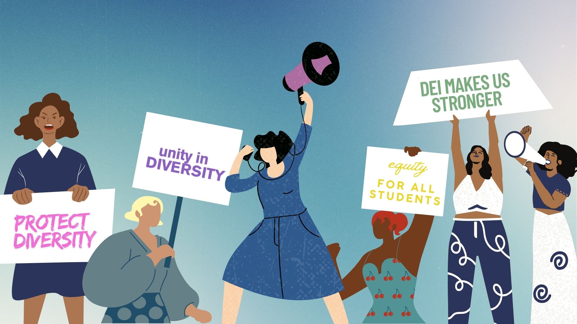 Taking a stand. Individuals featured protesting against DEI removal. Art by Carly Norton '26. 