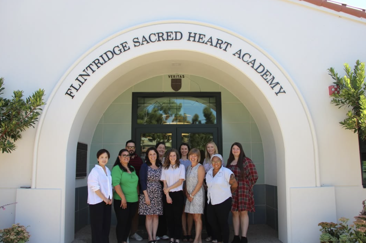 New faculty and staff at Flintridge Sacred Heart Academy gather at the school’s entrance.
Photo taken by Sandra Millett.