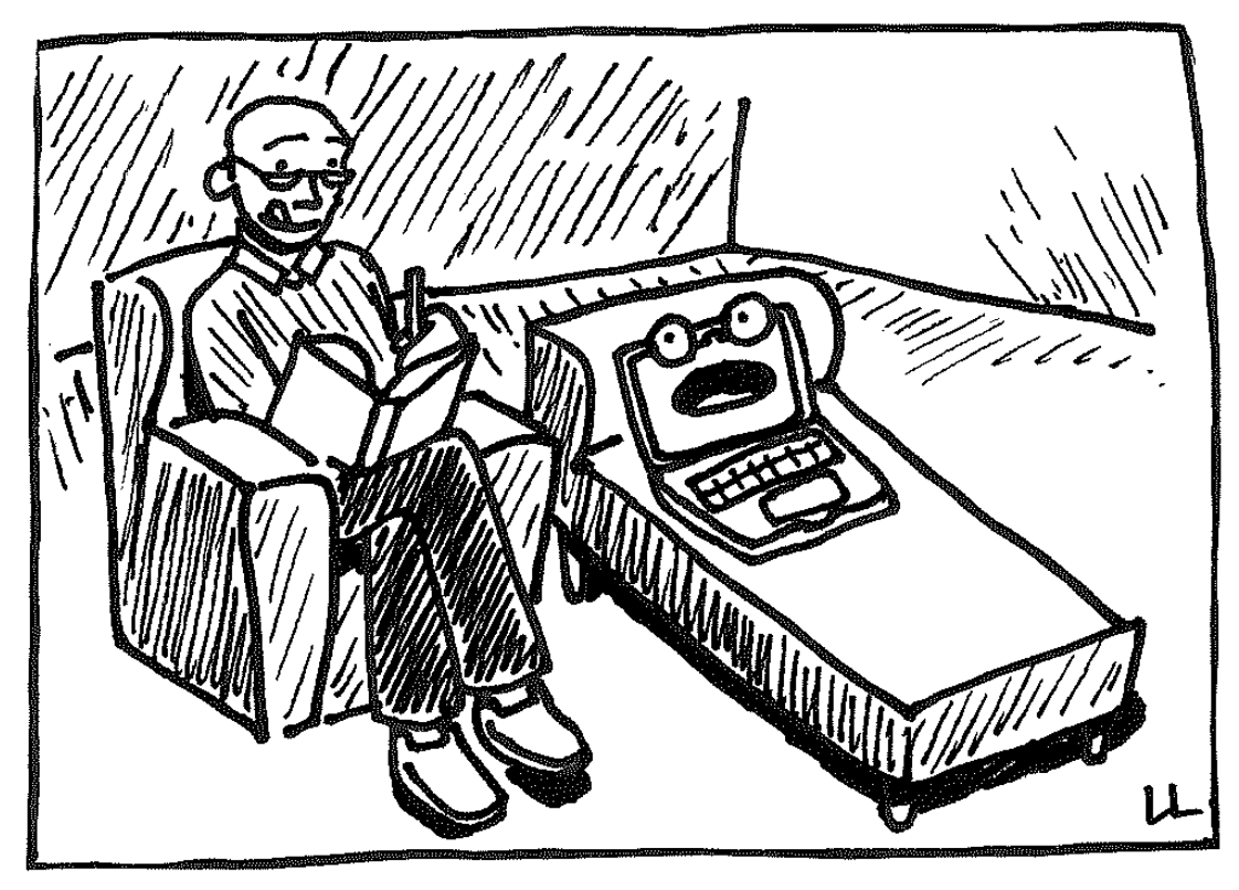TECH SUPPORT “Sometimes I lie awake at night thinking about the Pinwheel of Death.” Illustration by Lucia Lee ‘28. 